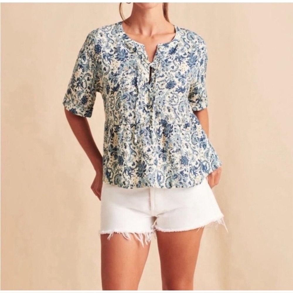 Faherty Salinas Floral Lace-Up Linen Top